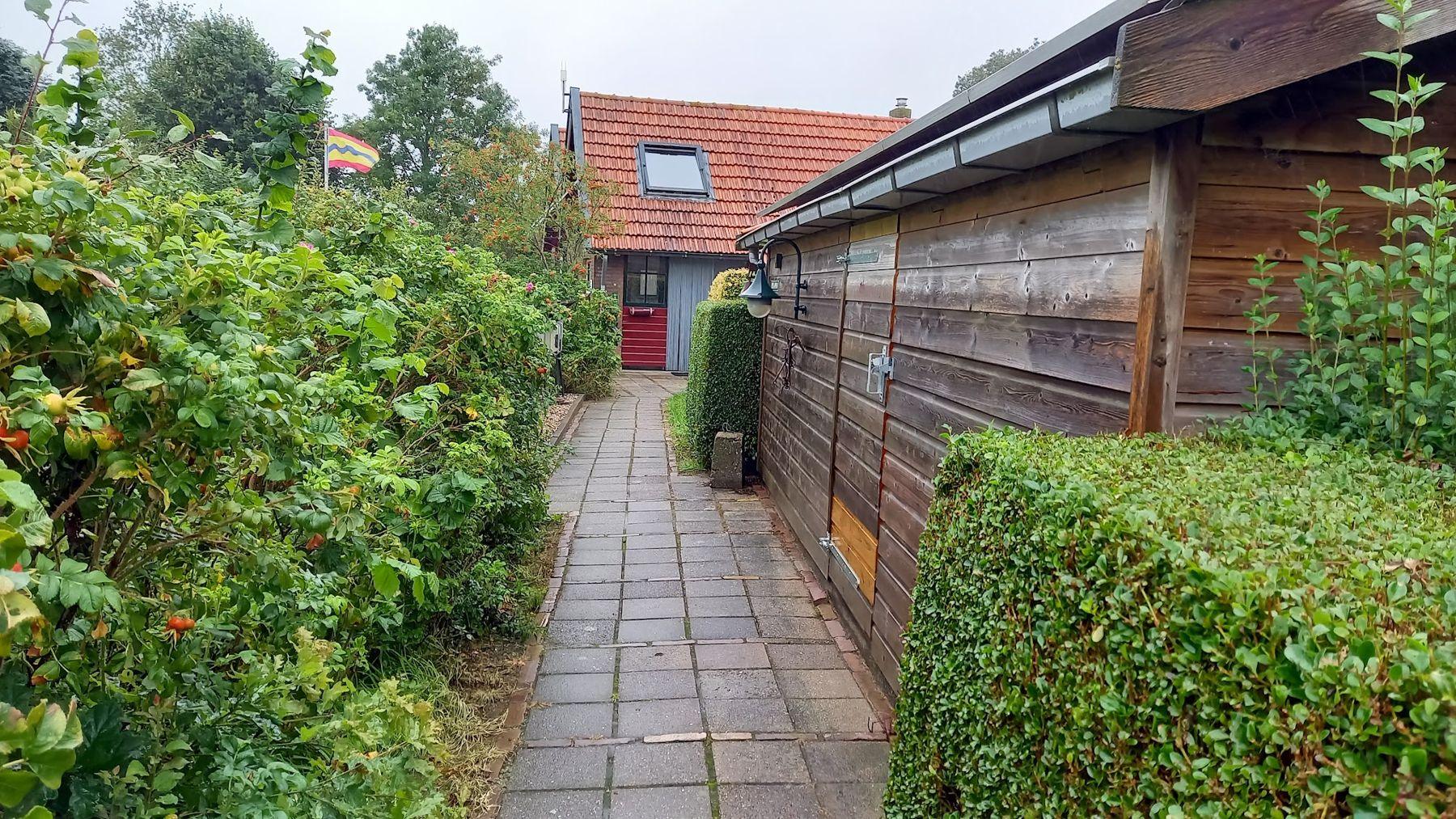 Een tegelpad langs een rozenhaag en een houten schuur, naar het huis met de rode deur