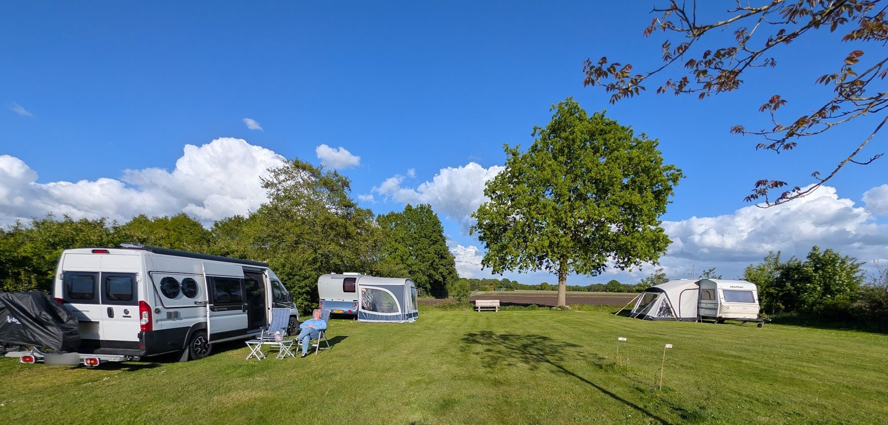 Het grasveld van de camping op een zonnige dag, met een camperbus, een caravan met voortent, een caravan met tent en één grote eik